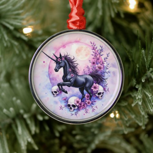 Moonlit Unicorn Among Forgotten Roses, Metal Ornament