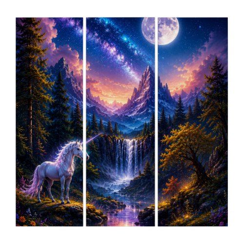 Moonlit Unicorn Fantasy Triptych Wall Art Set