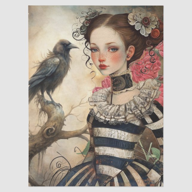 Moonlit Victorian Gothic Girl & Raven Fantasy  Tissue Paper (Front)