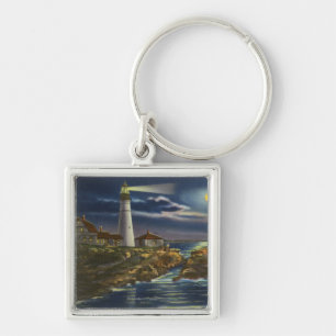 Moonlit View of the Portland Head Lighthouse Keychain