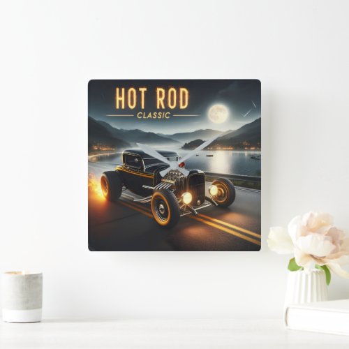 Moonlit vintage hot rod racing by lakeside square wall clock