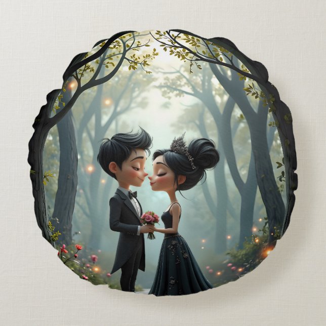 Moonlit Vows – A Cute Gothic Wedding Moment.  Round Pillow (Front)