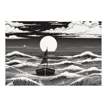 Moonlit Voyage Nautical Serenade Black and White