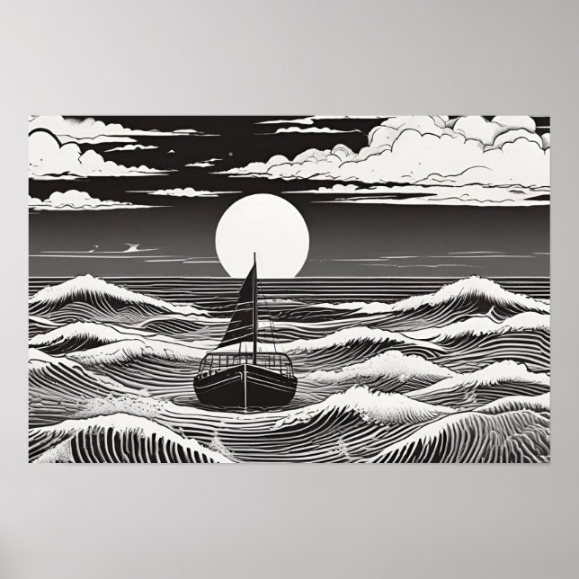 Moonlit Voyage Nautical Serenade Black and White Poster (Front)