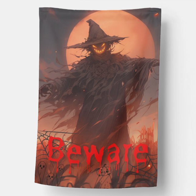 Moonlit Warning: Sinister Scarecrow Halloween House Flag (Front)