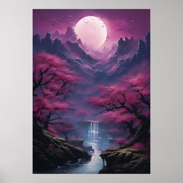Moonlit Waterfall and Colorful Scenery Poster (Front)