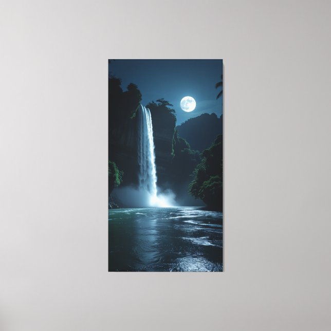 Moonlit Waterfall – Cinematic Night Landscape Canvas Print (Front)