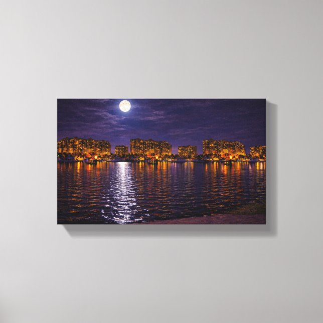 Moonlit Waterfront Cityscape Canvas Print | Night  (Front)