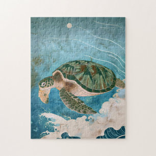 Moonlit Waves - Sea Turtle, Japanese Art Jigsaw Puzzle
