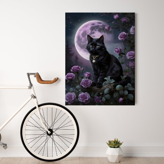 Moonlit Whiskers Poster (Purple moonlight, roses and cat)