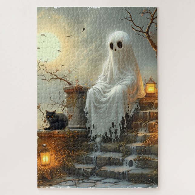 Moonlit Whispers: The Ghost and the Cat Jigsaw Puzzle (Vertical)
