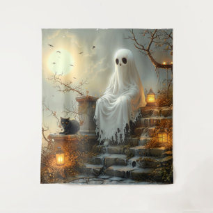 Moonlit Whispers: The Ghost and the Cat Tapestry