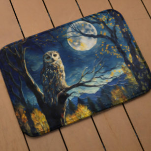 Moonlit Whispers - Van Gogh's Owl in Fall Forest - Bath Mat