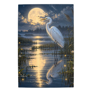 Moonlit White Egret Golden Moon Wetland Metal Print