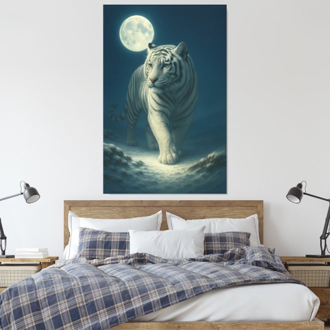 Moonlit White Tiger Fantasy Art Canvas Print (Insitu(Bedroom))