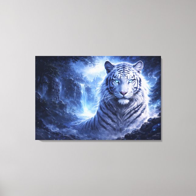 Moonlit White Tiger Guardian – Blue Fantasy Spirit Canvas Print (Front)