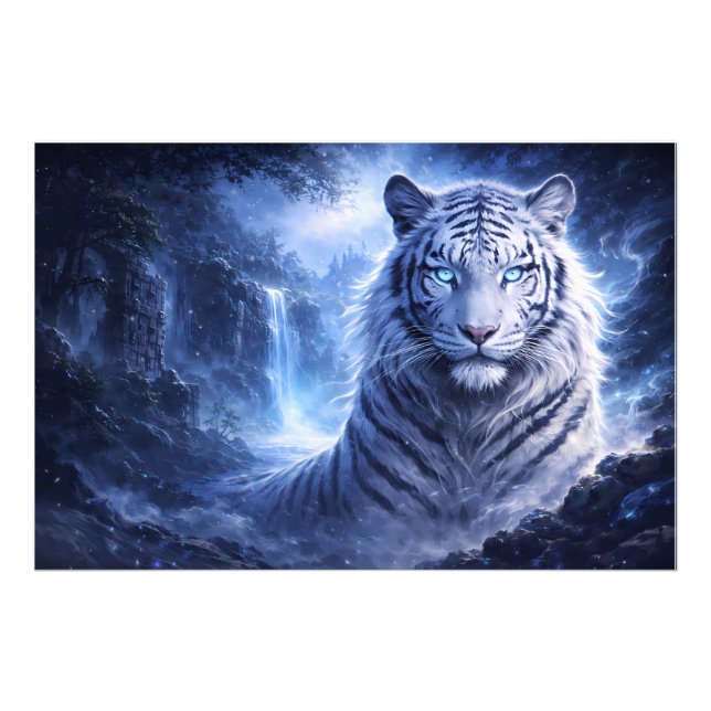 Moonlit White Tiger Guardian – Blue Fantasy Spirit Photo Print (Front)