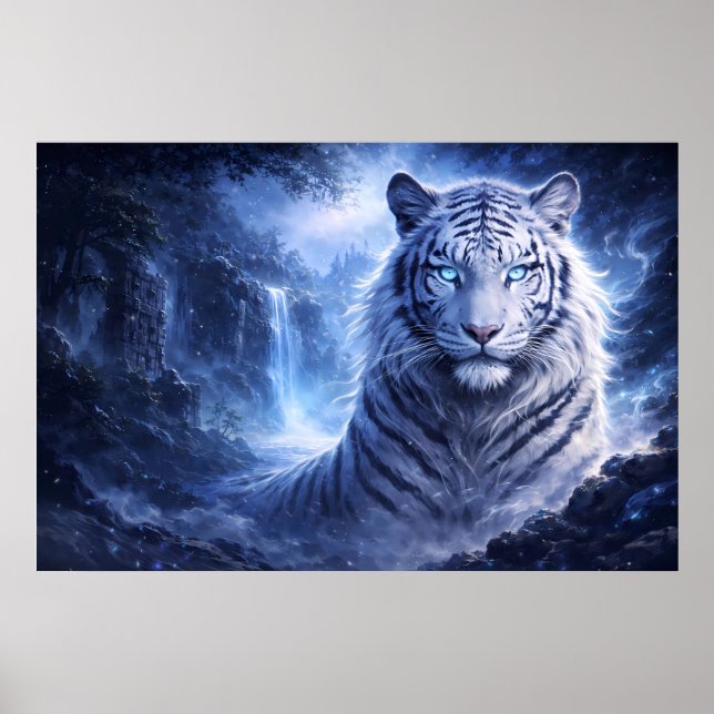 Moonlit White Tiger Guardian – Blue Fantasy Spirit Poster (Front)