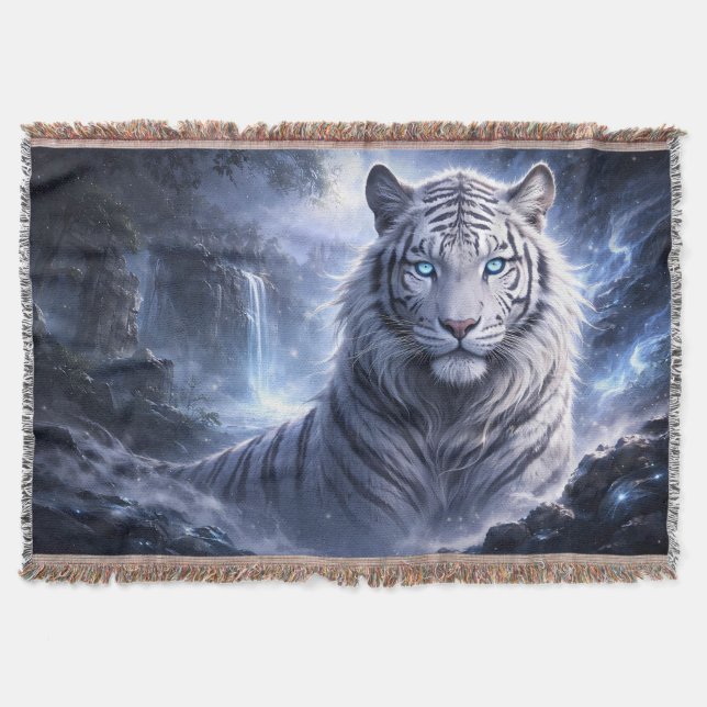 Moonlit White Tiger Guardian – Blue Fantasy Spirit Throw Blanket (Front)