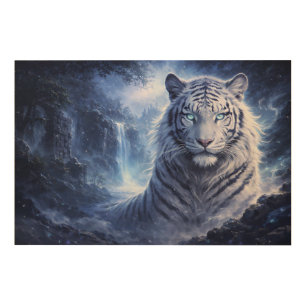 Moonlit White Tiger Guardian – Blue Fantasy Spirit Wood Wall Art