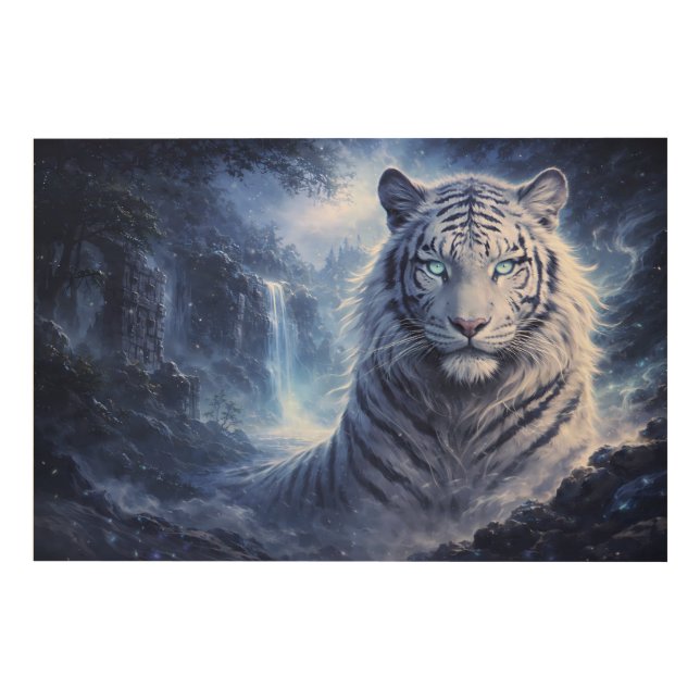 Moonlit White Tiger Guardian – Blue Fantasy Spirit Wood Wall Art (Front)