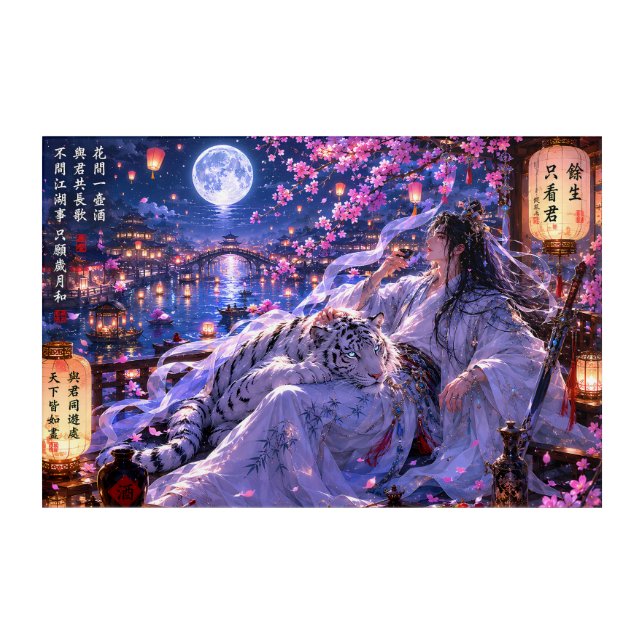 Moonlit White Tiger Guardian – Fantasy Cherry Blos Acrylic Print (Front)