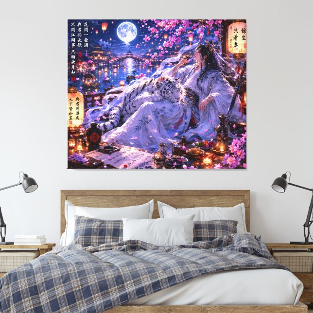 Moonlit White Tiger Guardian – Fantasy Cherry Blos Canvas Print (Insitu(Bedroom))