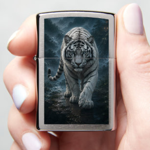 Moonlit White Tiger Mystical Night Forest Fantas Zippo Lighter