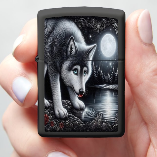Moonlit White Wolf Reflection Zippo Lighter (In Hand)