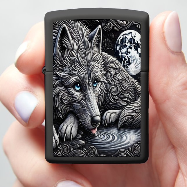 Moonlit White Wolf Wonder Zippo Lighter (In Hand)