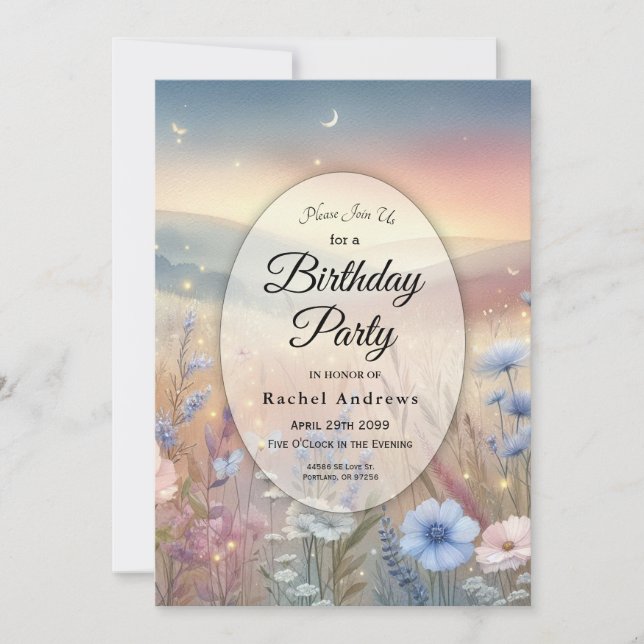Moonlit Wildflower Whispers Birthday Party Invitation (Front)