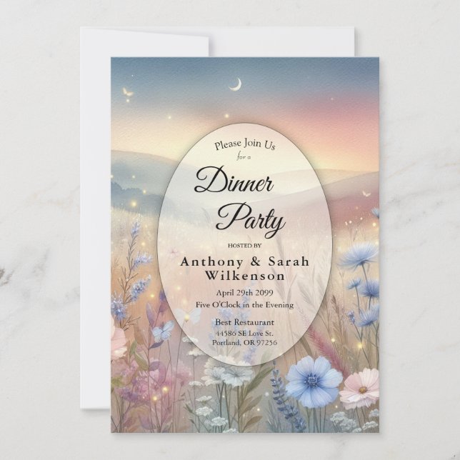 Moonlit Wildflower Whispers Dinner Party Invitation (Front)