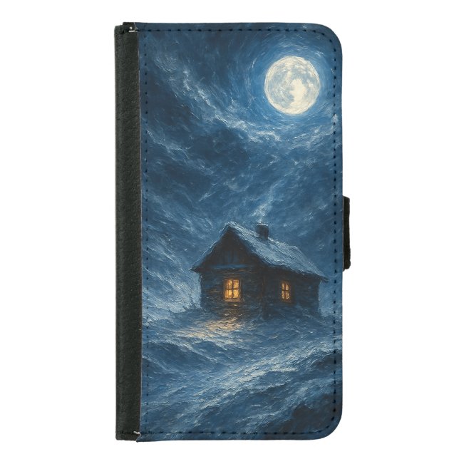 Moonlit Winter Cabin – Blizzard Night Samsung Galaxy Wallet Case (Front)