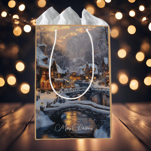Moonlit Winter Christmas Village Holiday Small Gift Bag