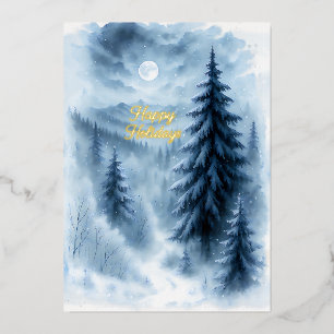 Moonlit Winter Forest Business Cozy Snowy Scene Foil Holiday Card