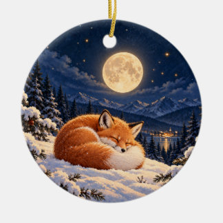 Moonlit Winter Fox Ceramic Circle Ornament