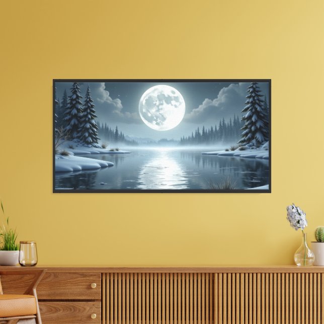 Moonlit Winter Lake – Serene Night Landscape Art Canvas Print (Insitu(LivingRoom))