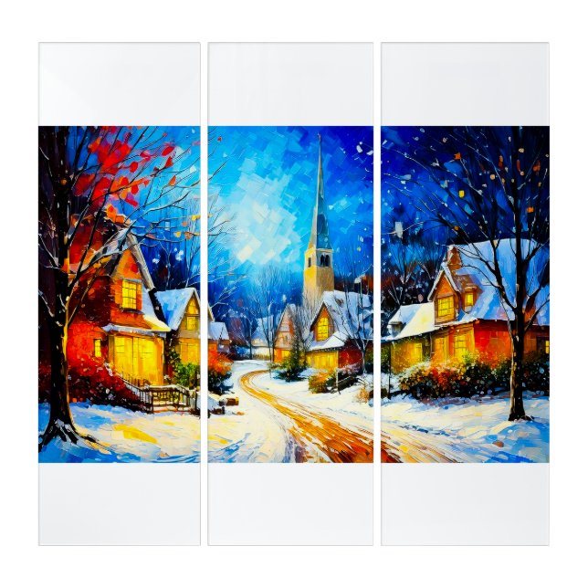 Moonlit Winter Village Reverie Triptych (Front)