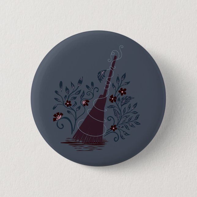 Moonlit Witchy Halloween Magic Broom Button (Front)