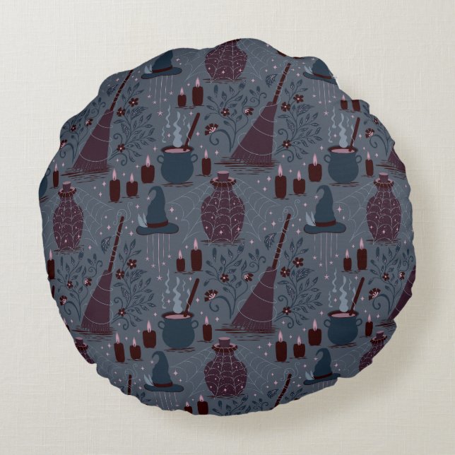 Moonlit Witchy Halloween Pattern Round Pillow (Back)