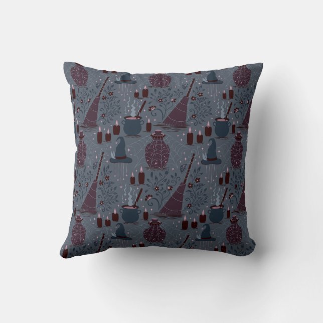 Moonlit Witchy Halloween Pattern Throw Pillow (Back)
