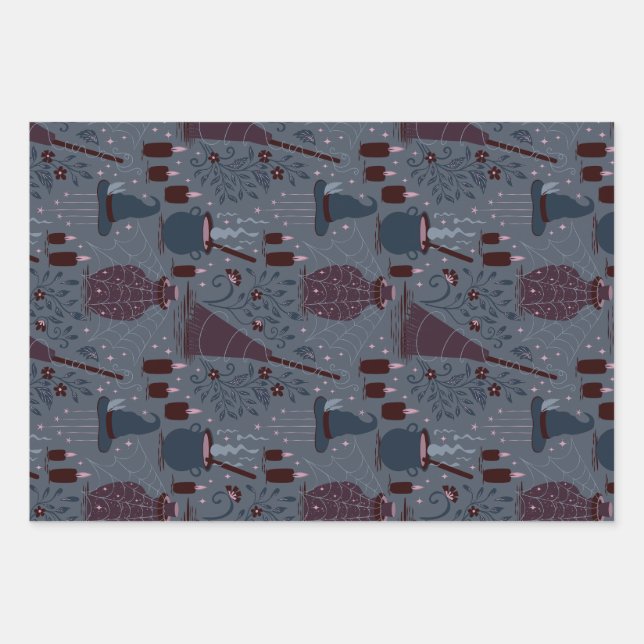 Moonlit Witchy Halloween Pattern Wrapping Paper Sheets (Front)