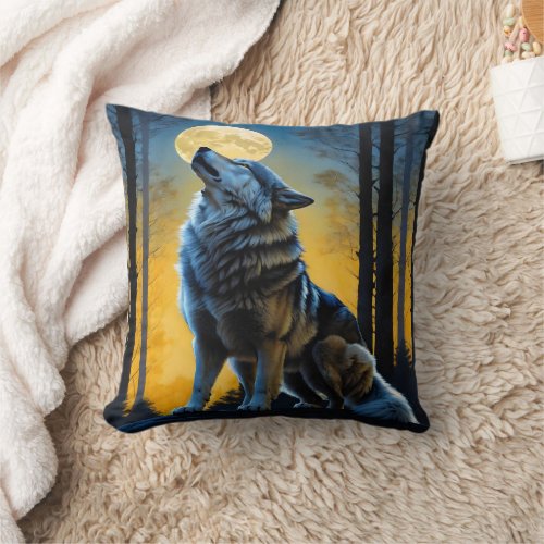Moonlit Wolf Howling at Dusk  Throw Pillow