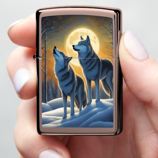 Moonlit Wolf Howling in Forest Zippo Lighter (In Hand)