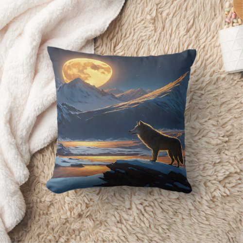 Moonlit Wolf Howls on Snowy Mountain Ridge Throw Pillow