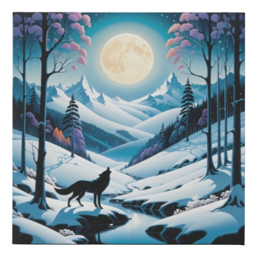 Moonlit Wolf in Winter Wonderland Faux Canvas Print