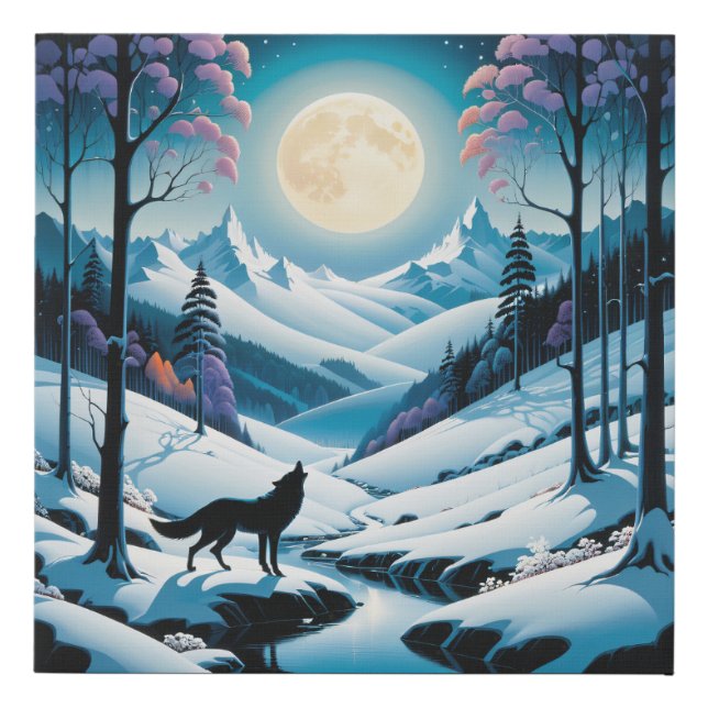 Moonlit Wolf in Winter Wonderland Faux Canvas Print (Front)