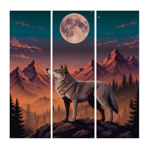 Moonlit Wolf Mountain Triptych Wall Art
