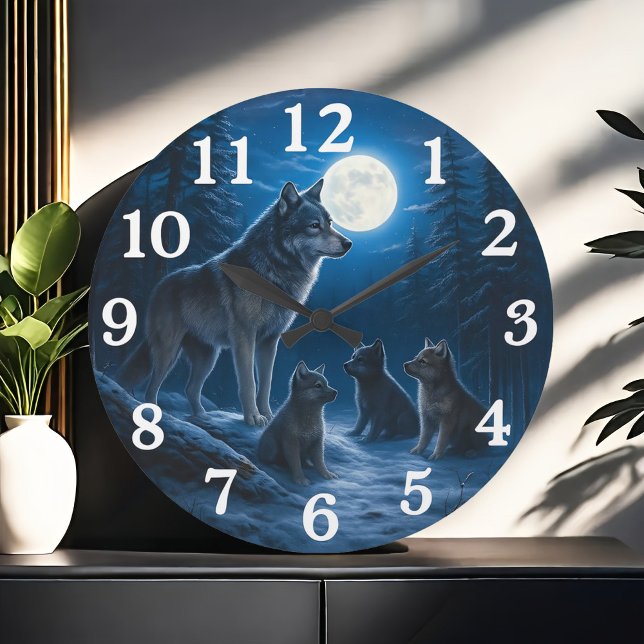 Moonlit wolf pack in snowy forest large clock (Creator Uploaded)