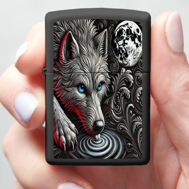 Moonlit Wolf's Reflection Art Zippo Lighter (In Hand)